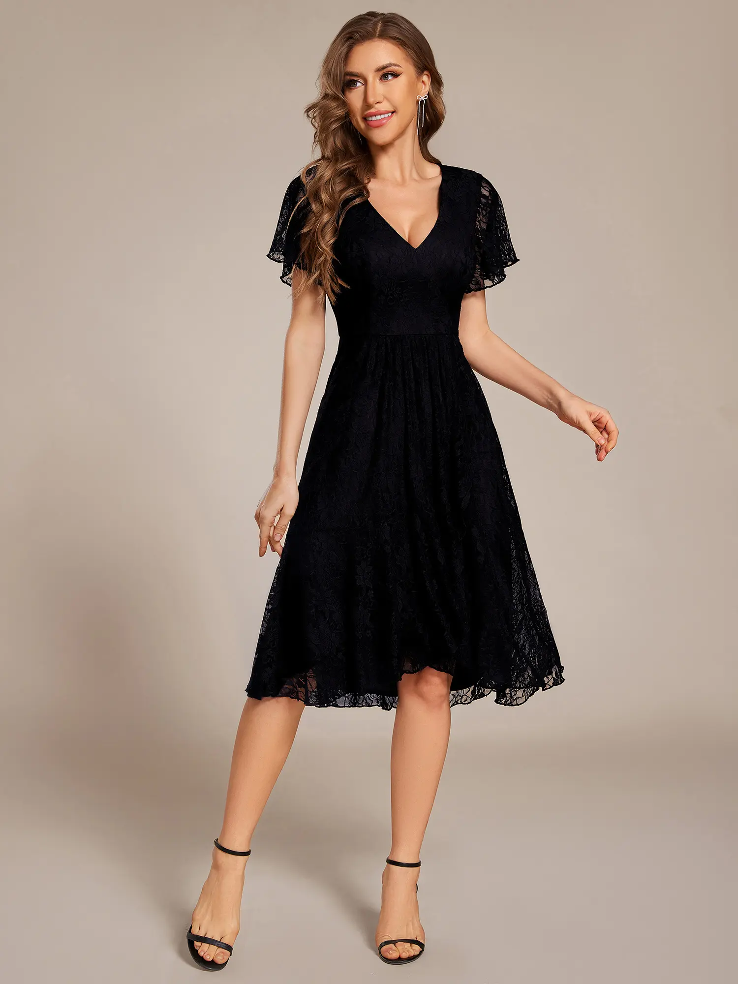 Ever-Pretty Women's Elegant V-Neck Ruffled Short-Sleeve A-Line Midi Wedding Guest Garment - Zipper Closure, Premium Fabric, Flattering Fit, Basic Chic Style, Dry Clean Required 02489