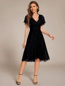 Ever-Pretty Ruffled Short Sleeves V-Neck A-Line Midi Wedding Guest Dress 02489