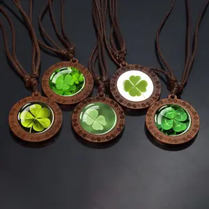 Vintage Lucky Shamrock Necklace Irish Good Luck Pendant Four Leaf Clover Charm Brown Rope Chain Jewelry for Women Men Irish Heritage