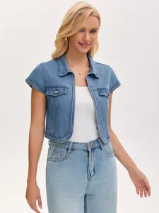 INSPIRE CHIC Women's Cap Sleeve Denim Jackets Shrug Spring Collared Open Front Cropped Jean Jacket