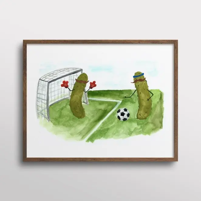 Whimsical Pickles with Mustaches playing Soccer Watercolor Art Print Poster (PRODUCT DOES NOT INCLUDE FRAME)