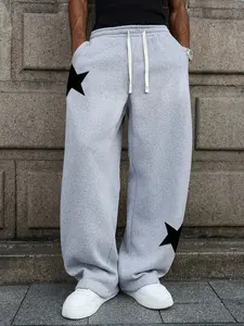 Autumn and Winter Men's Five-Pointed Star Print Casual Loose Sports Pants, Street Style, Simple Design, Elastic Waistband, Washed Fabric, Suitable for Daily, Casual, Fashionable Outfits, Street Style, Perfect as a Holiday Gift