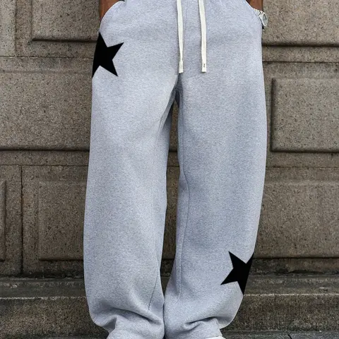 Men's Autumn Winter 5-Pointed Star Print Baggy Sweatpants - Casual Comfy Sporty Mens Clothing, Elastic Waistband, Washed Fabric, Easy Elastic Fit, Street Style, Simple Design, Ideal for Daily Outfits, Holiday Gift