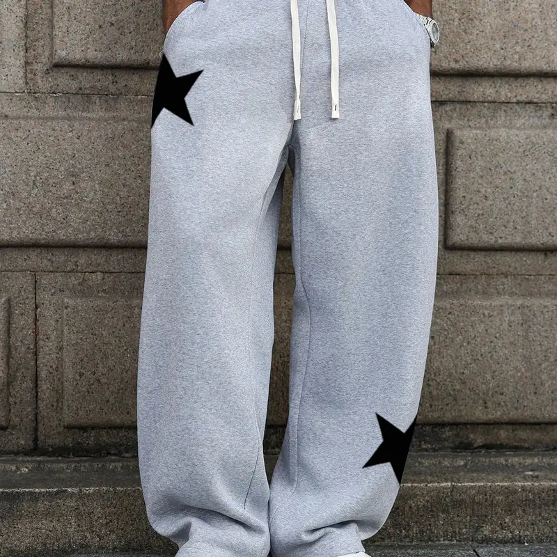 Men's Autumn Winter 5-Pointed Star Print Baggy Sweatpants - Casual Comfy Sporty Mens Clothing, Elastic Waistband, Washed Fabric, Easy Elastic Fit, Street Style, Simple Design, Ideal for Daily Outfits, Holiday Gift