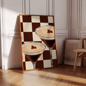 Espresso Martini Art Poster Beige Bar Cart Decor Cocktail Poster Retro Checkered Wall Art Trendy Kitchen Print Cocktail Bar Cart Print for Living Room Bedroom Office Decor