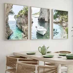 3 Pieces Gulf Transparent Water Boat Art, Beautiful Strait Scenery Wall Mural, Serene Marine Home Art, Nautical Gallery Decor, Soft Tone Painting, Wall Decor for Living Room and Bedroom, Framed or Unframed.