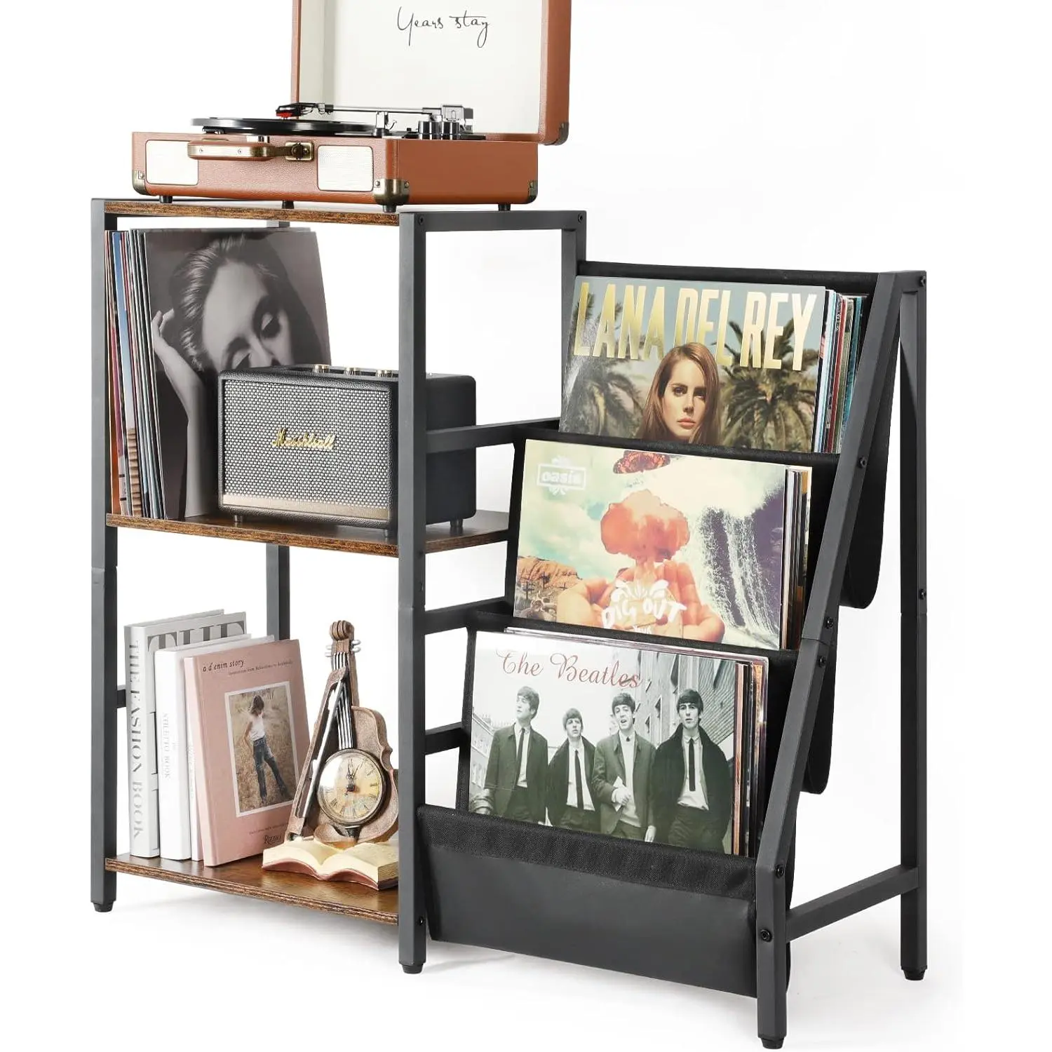 Record Player Stand, Turntable Stand with 3-Tier Vinyl Record Storage, Record Player Table 200 Albums, End Table with Vinyl Display Holder Shelf, Record Player Cabinet Media Console for Stereo