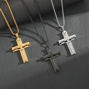 GTHIC Vintage Three-Dimensional Cross Stainless Steel Pendant Byzantine Chain Necklace Fashion Pendant Jewelry for Men