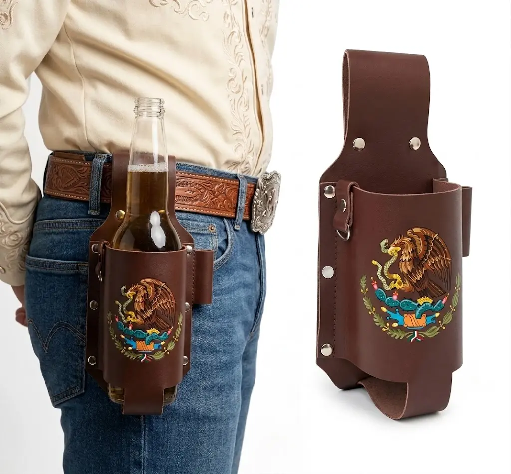 Mexican Eagle PU Leather Beer Belt Holster with Embroidered Design for Men's Outdoors and Casual Wear