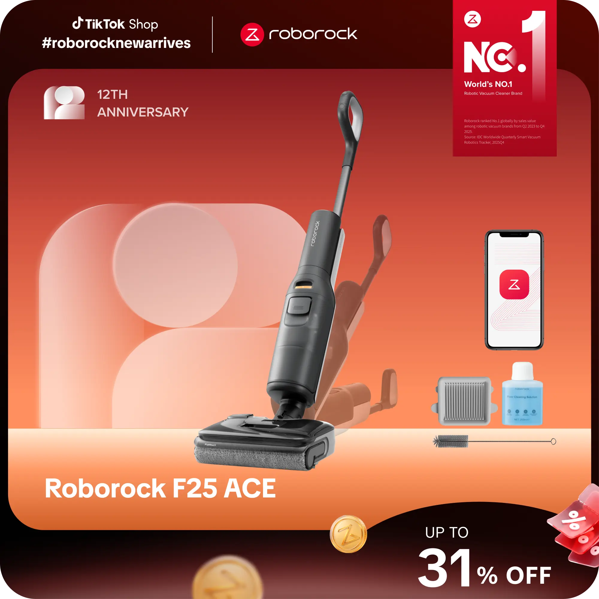 Roborock F25 ACE Wet Dry Vacuum Cleaner, 194°F Hot Air Flash Drying Electric Mop, Cordless, with Zero Tangle, 180° Lie Flat  summerwins #roborocknewarrives #TikTokShopBackToSchool