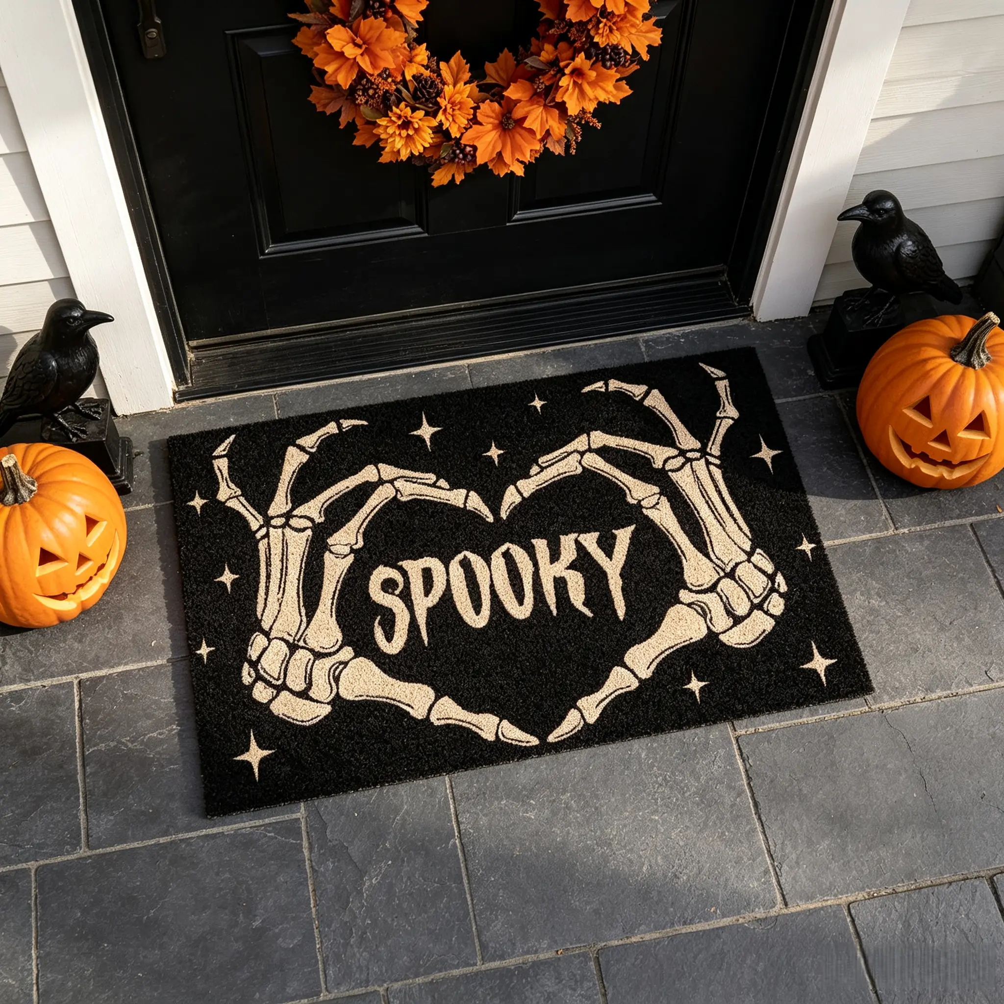 Gothic Halloween Spooky Skeleton Doormat - Heart Shaped Skeleton Hands Entrance Mat, Funny Spooky Season Decor Gift