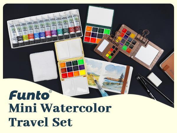 Funto Mini Watercolor Travel Set, 12-Color Refillable Travel Art Kit, All-in-One Mini Paint Supplies with Bag, Art Craft for All, Portable Water Color Paint for Beginners, lovers and Artists