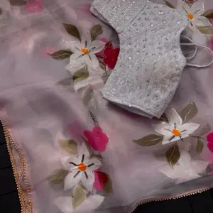 NEW ARRIVAL ORGANZA PRINTED FOIL WORK SAREE WITH STITCHED BLOUSE LAVENDER