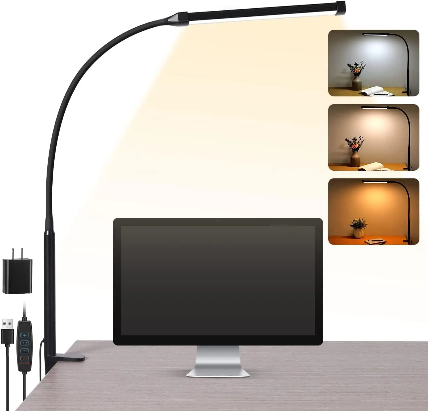 LED Clip-On Desk Lamp - 3 Color Modes, 10 Brightness Levels, Flexible Gooseneck Clamp Light, USB-Powered Dimmable Reading Aid, Desk Accessories for Home Office, Indoor Use