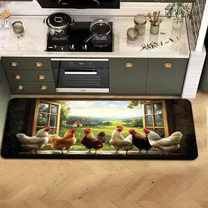 Jit-1pc Farmhouse Rooster Print Flannel Kitchen Rug, Non-Slip Washable Long Striped Mat, Vintage Country Home Decor, Holiday Gift