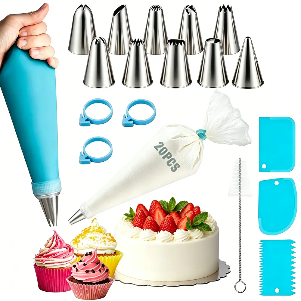 Icing Nozzles Set Multi-Functional Frosting Craft Collection, Combo Disposable Silicone Piping Bags, Rustproof Metal Tips For Birthday Celebration Cake Ornamentation