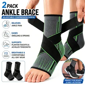 2pc Instant Relief & Active Recovery (Green) Ankle Brace Adjustable Compression Sleeve (Pair)-Ankle Support Heel Brace for Achilles Tendonitis, Plantar Fasciitis-Eases Swelling and Sprained Ankle