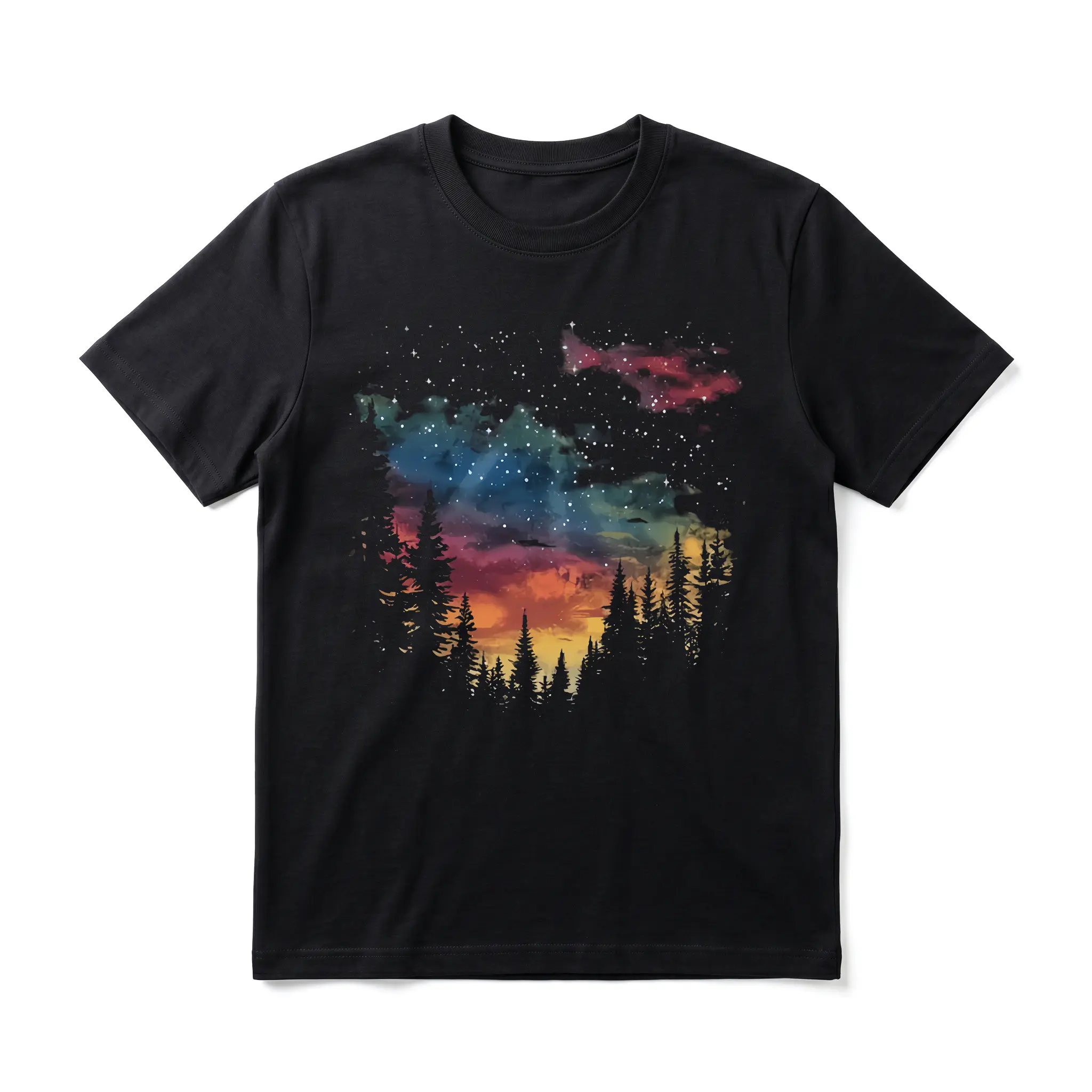Colorful Forest Night Sky Men's Graphic TShirt,  Short Sleeve Soft Top, Nature Inspired Graphic Print Design, for Daily Wear, Outdoor, Vacation, Birthday Gift, Gift for Men, Women and Friends