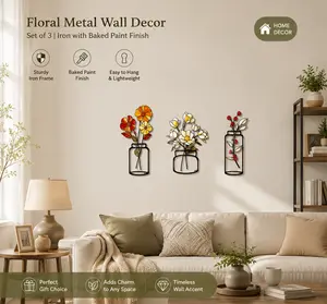 Iron Floral Wall Decor Set of 3 – Colorful Handcrafted Metal Flower Wall Art for Bedroom, Living Room, Office & Hallway