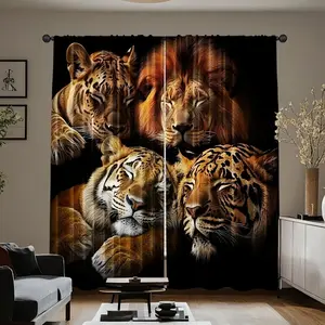 2 Piece Leopard Forest Beast Curtain Set, Window Curtain, Tiger Lion Pattern, Semi-Transparent Polyester Drapes, Easy Installation, Home Decor