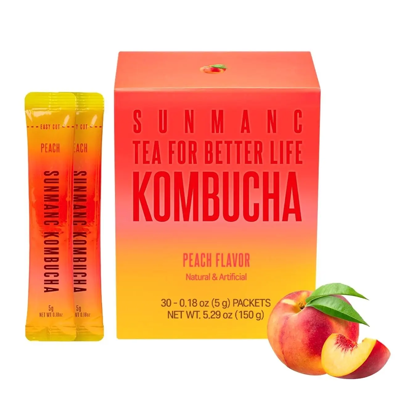 SUNMANC Peach Kombucha 30 Packets - 0g Sugar & 15 Calories - 19 Probiotic Strains & Vitamin C - Refreshing Sparkling Drink Mix for Digestive Support - Perfect K-Food Pairing (Peach)