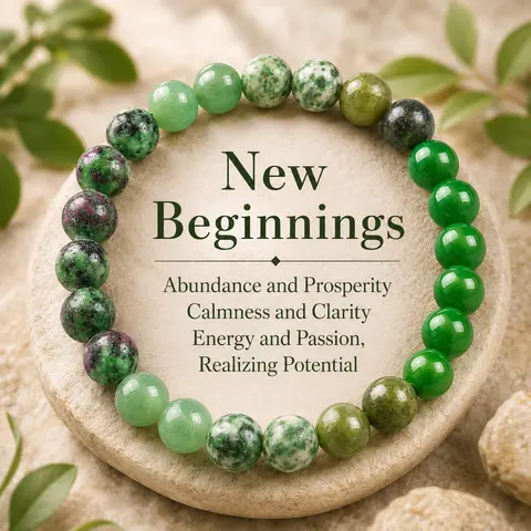 New Beginning Handcrafted Beaded Elastic Band Bracelets-Bangles - Unisex Adults, Green Aventurine & Epidote Granite Mix, Bejeweled Bling Aesthetic, Comfortable Stretchfit, Arm Candy Costume Jewelry for Prosperity