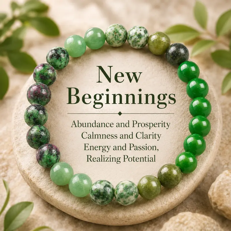 New Beginning Handcrafted Beaded Elastic Band Bracelets-Bangles - Unisex Adults, Green Aventurine & Epidote Granite Mix, Bejeweled Bling Aesthetic, Comfortable Stretchfit, Arm Candy Costume Jewelry for Prosperity