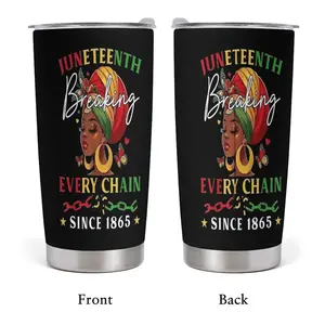 Juneteenth Breaking Every Chain Since 1865 20oz Black Insulated Tumbler, Stainless Steel Freedom Travel Mug, Vibrant African American Woman Illustration, Pan-African Red Green Yellow Colors, Independence Day Celebration Drinkware