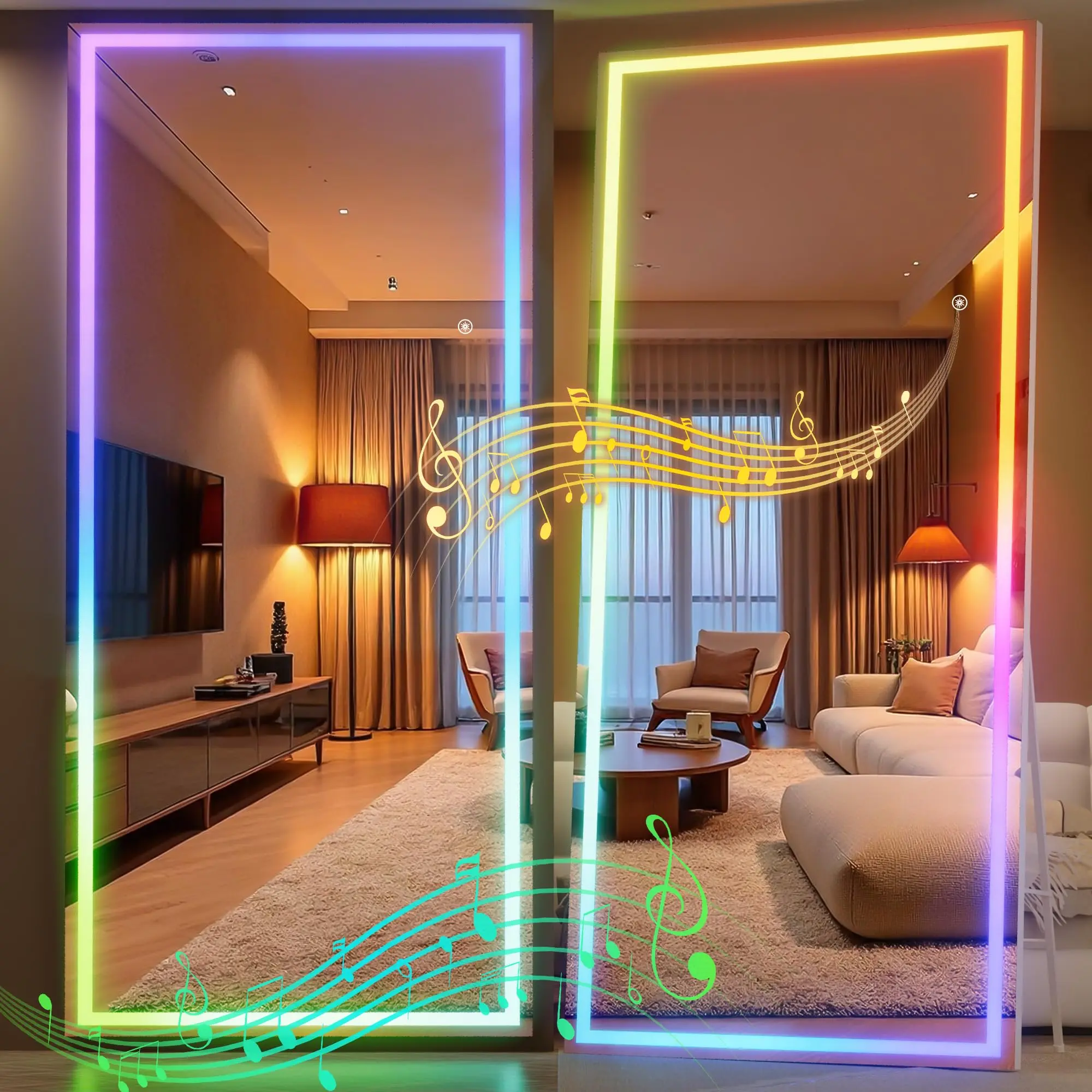 Hasipu Vibrant Modern Rectangle Tempered Glass LED RGB Light Full-Length Mirror with Bluetooth Speaker, 7 Color Options, Adjustable Brightness, Aluminium Frame, Wall-Mount & Free-Standing, Household Safety Home Decor for Bedroom, Cloakroom