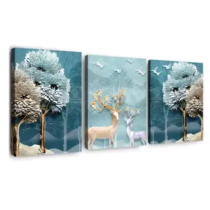 3-Piece Wood Frame Deer Wall Art, Forest Scene Modern Print Canvas, Creative Animal Design for Living Room & Bedroom Decoration