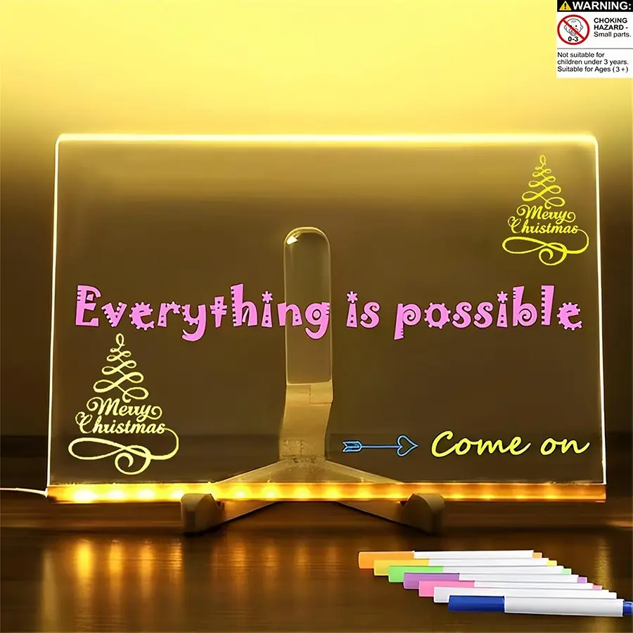 LED Drawing Board 15cm X 15cm, USB Rechargeable Acrylic Erasable Lighted Message Board, 7 Color Markers, Cleaning Cloth, Triangle Stand