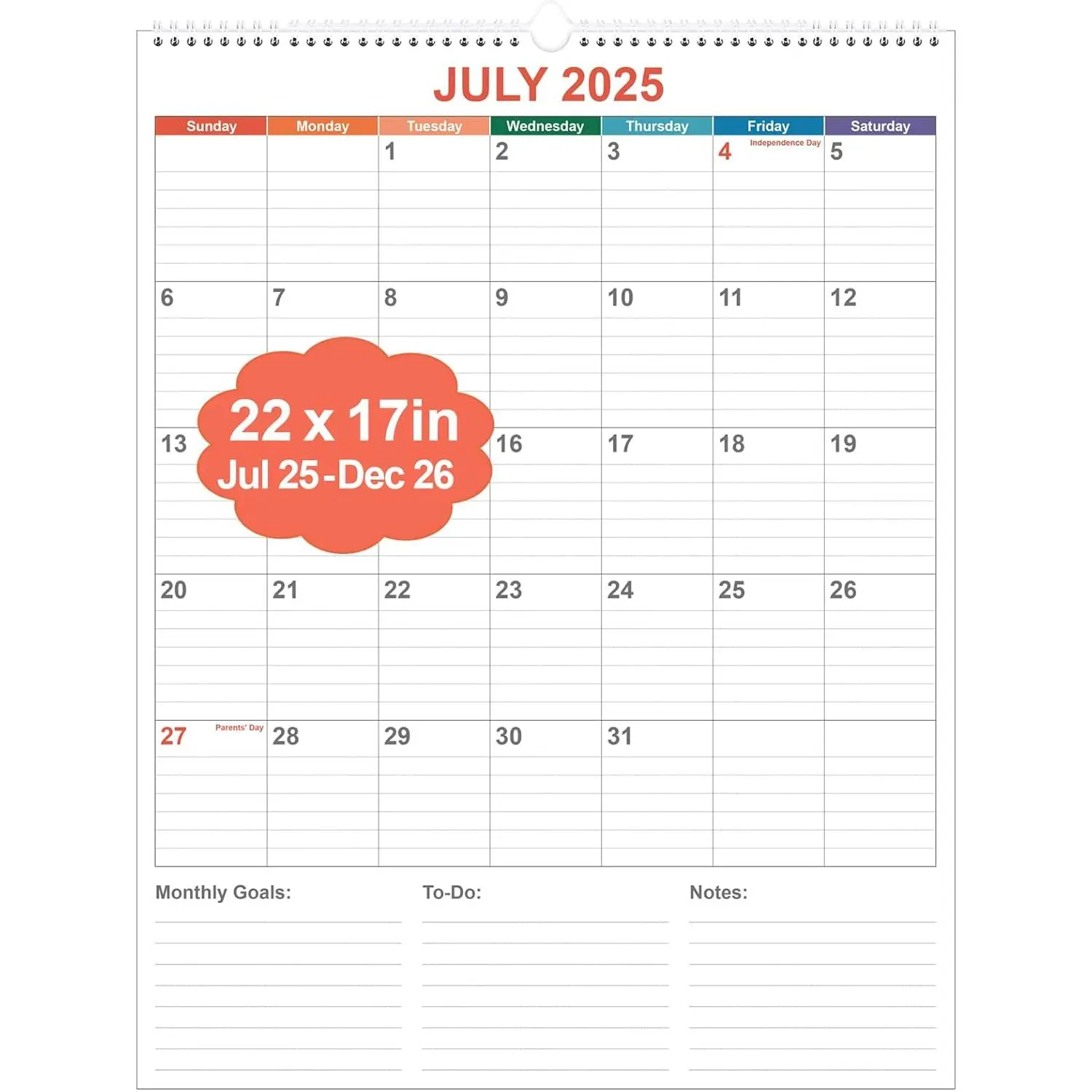 Large Calendar 2025-2026 with Spiral Bound - 18 Month Big Calendar from July 2025 to December 2026, Vertical Large Monthly Planner 2025-2026 for Wall, Calendario 2025-26, 22" x 17", Colorful