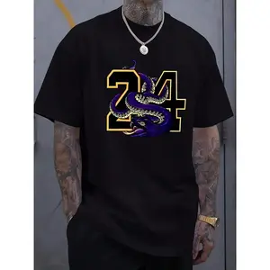 Snake 24 Graphic Print, Men's Round Neck Short Sleeve, Fashionable Regular Fit T-Shirt, Suitable For Summer Holiday Casual Wear, 220g