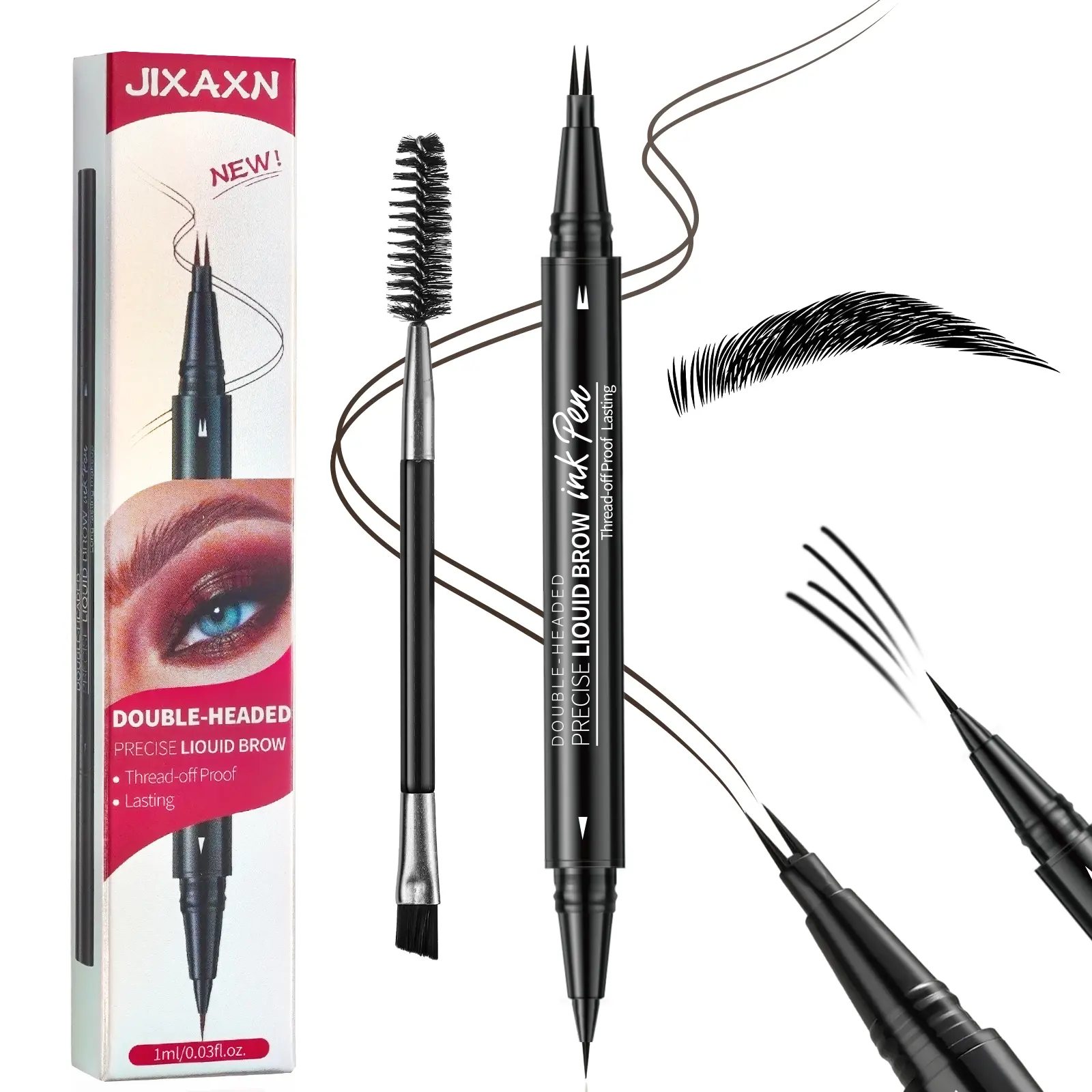 Dual-Ended Microblading Brow Pen with Spoolie - 4-Tip Liquid Pen & Liner to Fill Sparse Brows for a Flawless Natural Look, Waterproof & Long-Lasting, Cosmetic, Eyebrow Shaper Set, Easy Apply, Double-End, At-Home Brows