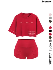 Women's Summer Sportswear Set, Loose-Fitting Crop Top & Elastic Waist Shorts, Soft Material, Los Angeles Angels Print, Fashionable Design