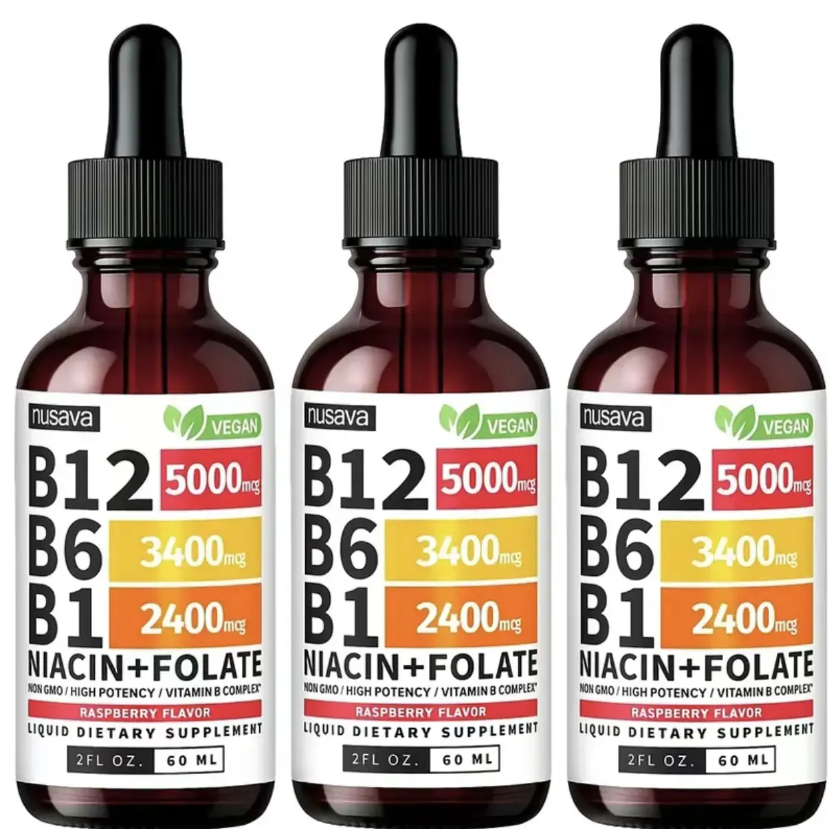 3 Pack NUSAVA Vitamin B12 Liquid Drops 5000mcg – B Complex with B6 B1 Folic Acid Sublingual