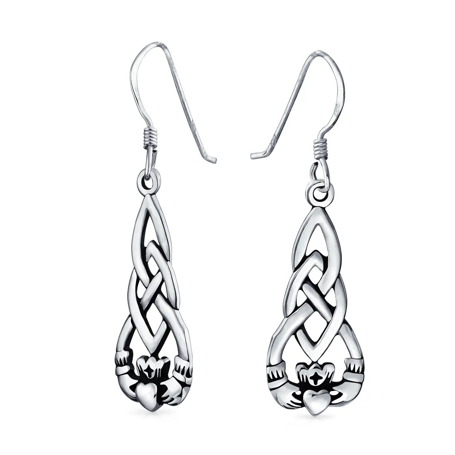 Friendship BFF Heart Celtic Claddagh Dangle Earrings in Oxidized Sterling Silver