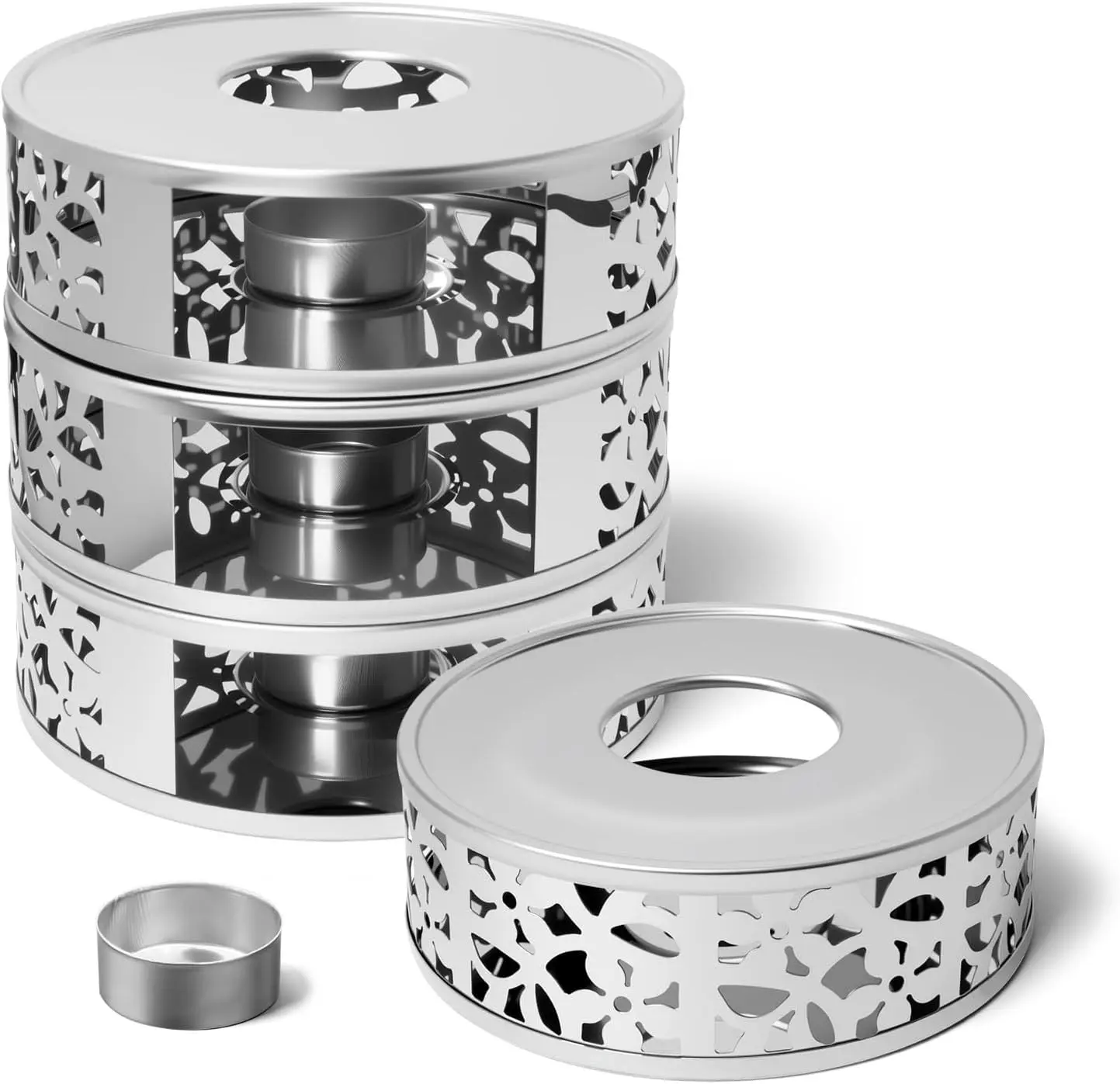 4 Pack Petals Silhouette Stainless Steel Teapot Warmer with Tealight Holder