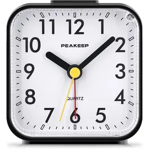 Small Battery Operated Analog Travel Alarm Clock Silent No Ticking, Lighted on Demand and Snooze, Beep Sounds, Gentle Wake, Ascending Alarm, Easy Set (Black)