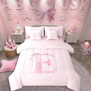 7 Pieces Monogrammed Bows Comforter Set for Girls,Coquette Pink Initial E Bedding Set,Coquette Trendy Pink Bow Bed in a Bag,Unique Customized Bedroom Room Decor(E)