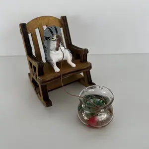 Miniature Zen Fishing Cat Set 1:12 Scale - Magnetic Bobbing Fish & Glowing Tank, Desk Fidget Toy for Anxiety Relief, Dollhouse Pond Decor