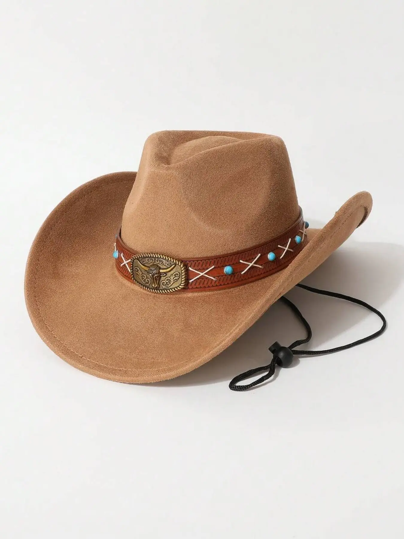 Vintage Western Cowboy Wide-Brim Felt Sun Hat, Leather Windproof Hat with Buckle Rope and Turquoise Decor, Ideal for Outdoor Horseback Riding, Music Festivals & Parties, Summer Hat, Cowgirl Hat