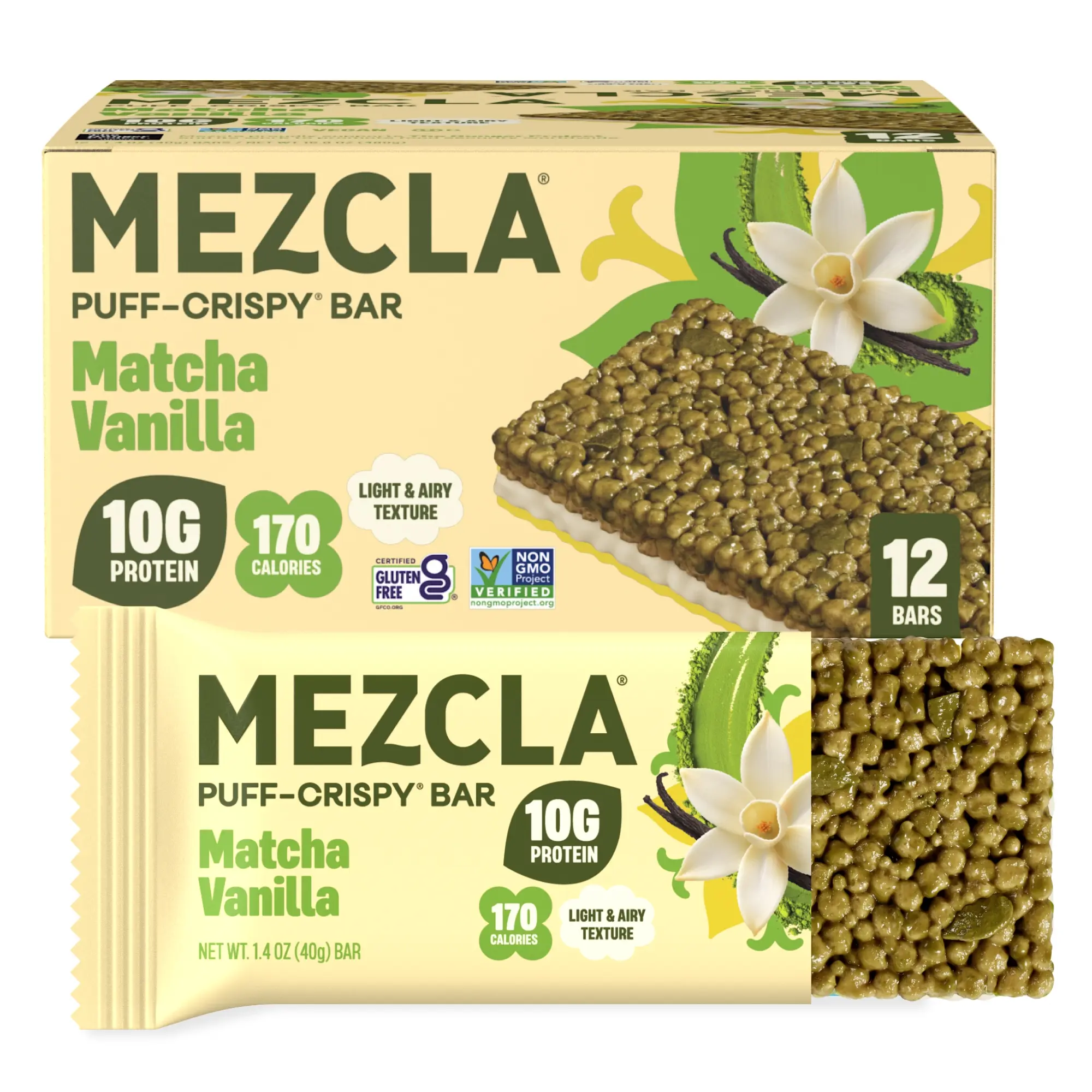 Mezcla Matcha Vanilla Puff Crispy Protein Bar, 10g Plant Protein, Vegan Treat