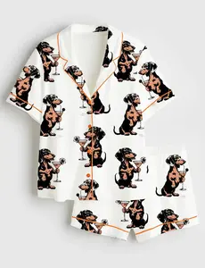 Women's Martini Cocktail Lover Dachshund Cocktail Weenies Short Sleeve Satin Pajama Set, Unique PJs with Design, Matching Family Sleepwear Set, Satin Pajama Set For Men Women Kids