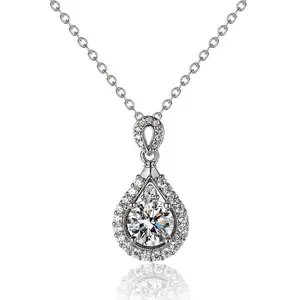 EAMTI 2CT 925 Sterling Silver Drop Synthetic Moissanite Necklaces for Women Round Cut Solitaire Moissanite Pendant Necklace