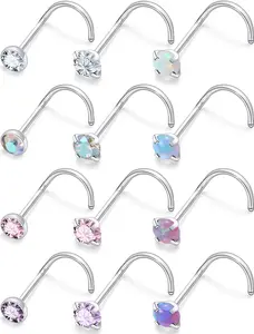 18G 20G 22G Opal Nose Rings Studs Surgical Steel Nose Nostril Piercing  for Women Men Opal CZ Size 1.5mm 2mm