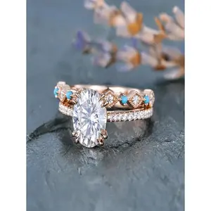 1 Set Charming Natural Turquoise & Rose Gold Engagement Rings for Women, Wedding Rings, Engagement Rings for Couples, Halloween Christmas Gifts