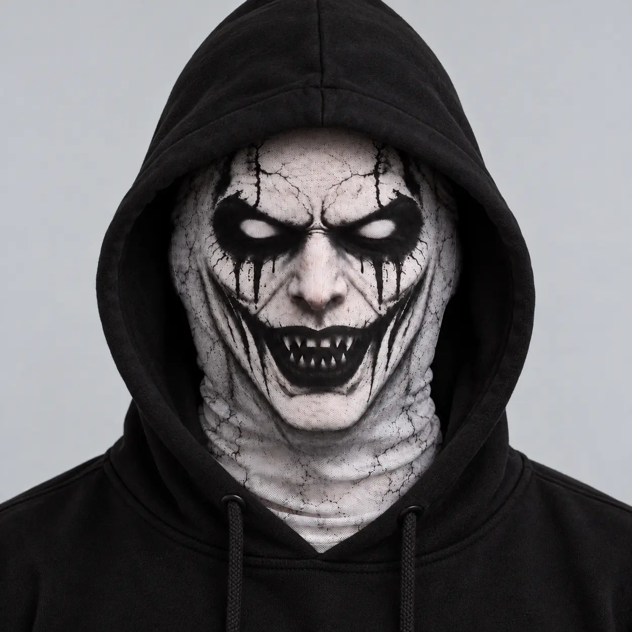 Adult Flat Print Cracked Demon Balaclava - Creepy Grinning Fangs Full Face Mask, Dripping Black Tear Horror Headwear, Halloween Cosplay Accessories, Spooky Gifts, Creepy Accessories for Menswear Costumes