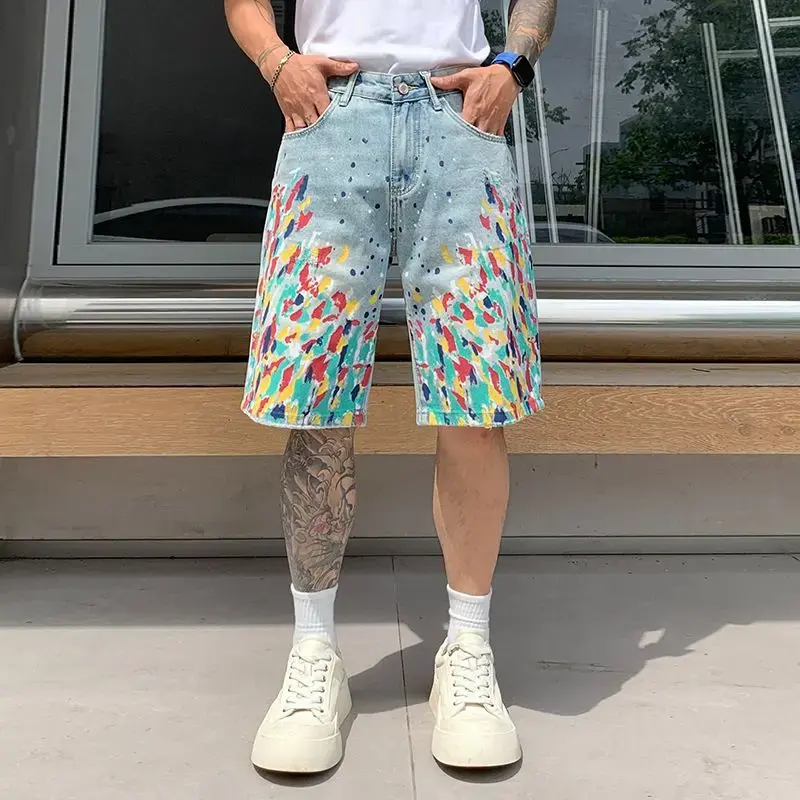 shorts obsession Summer Newest Painted  Shorts Jeans Men Loosen Fit Straight Leg Denim Shorts Pants For Man