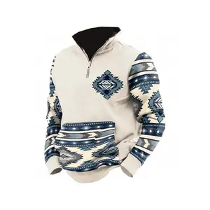 Mens Cowboy Vintage Bull Head Print Western Sweatshirt For Men Casual Long Sleeve 1/4 Zip Pullover Menswear Clothing